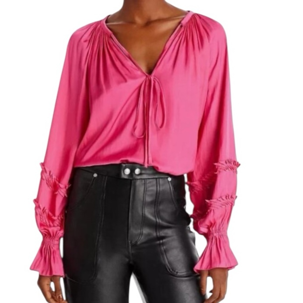 Ramy brooks pink Maty tie neck romantic, chic polyester satin blouse size XL